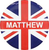 A Great Britain Flag decored circle badge that contains the word "Matthew" 